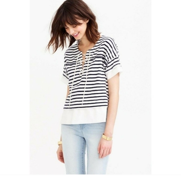 J. Crew Swingy Striped Poplin Lace Up Sailor T-Shirt - Picture 1 of 6
